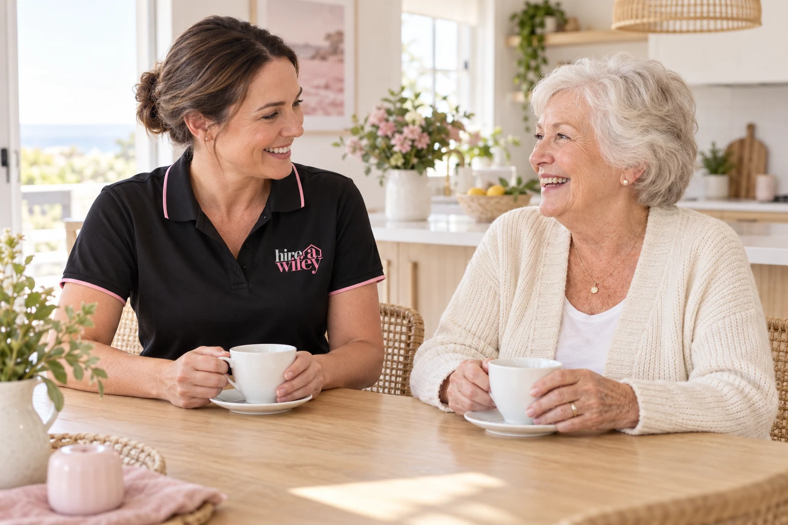 A friendly Wifey and customer chatting in a bright home